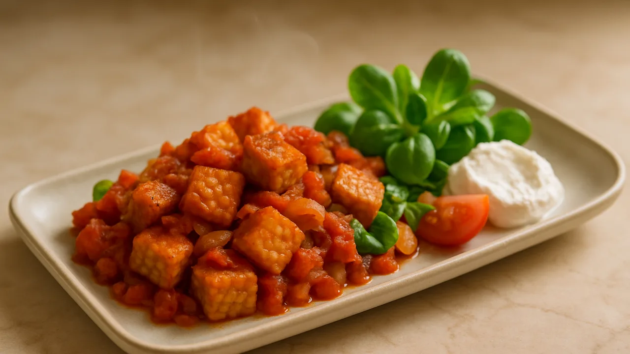 One-Pot Tempeh mit Feldsalat und Frischkäse aus dem Airfryer mit Tempeh und Tomaten, auf beigem Marmor angerichtet.