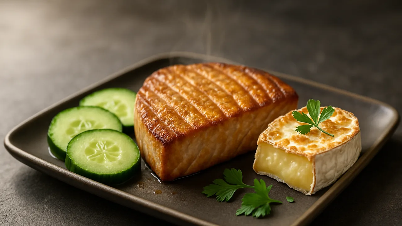 One-Pot Thunfisch mit Gurke und Camembert aus dem Airfryer mit Thunfischsteak und Gurke, auf dunklem Schiefer angerichtet.