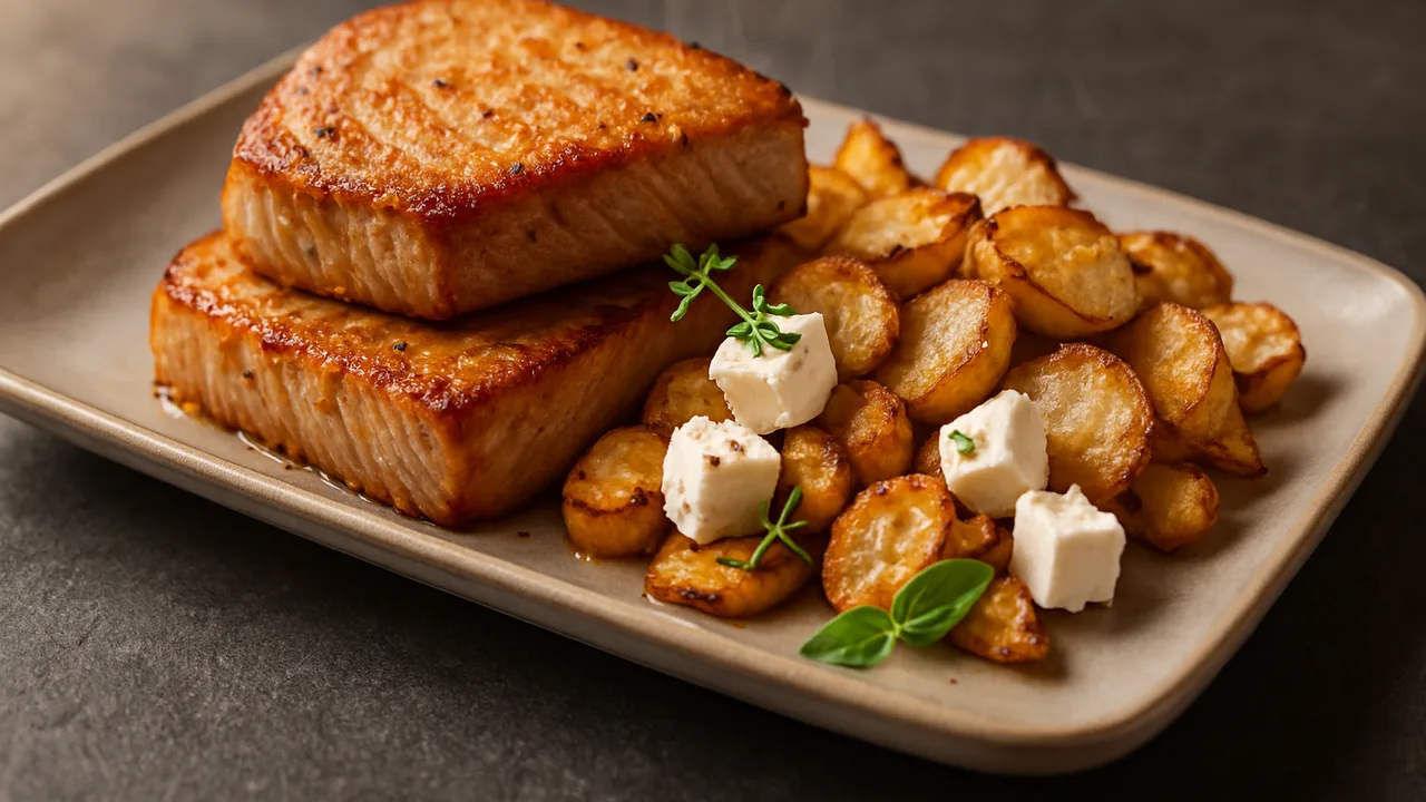 One-Pot Thunfisch mit Topinambur und Feta aus dem Airfryer mit Thunfischsteaks und Topinambur, auf dunklem Schiefer …