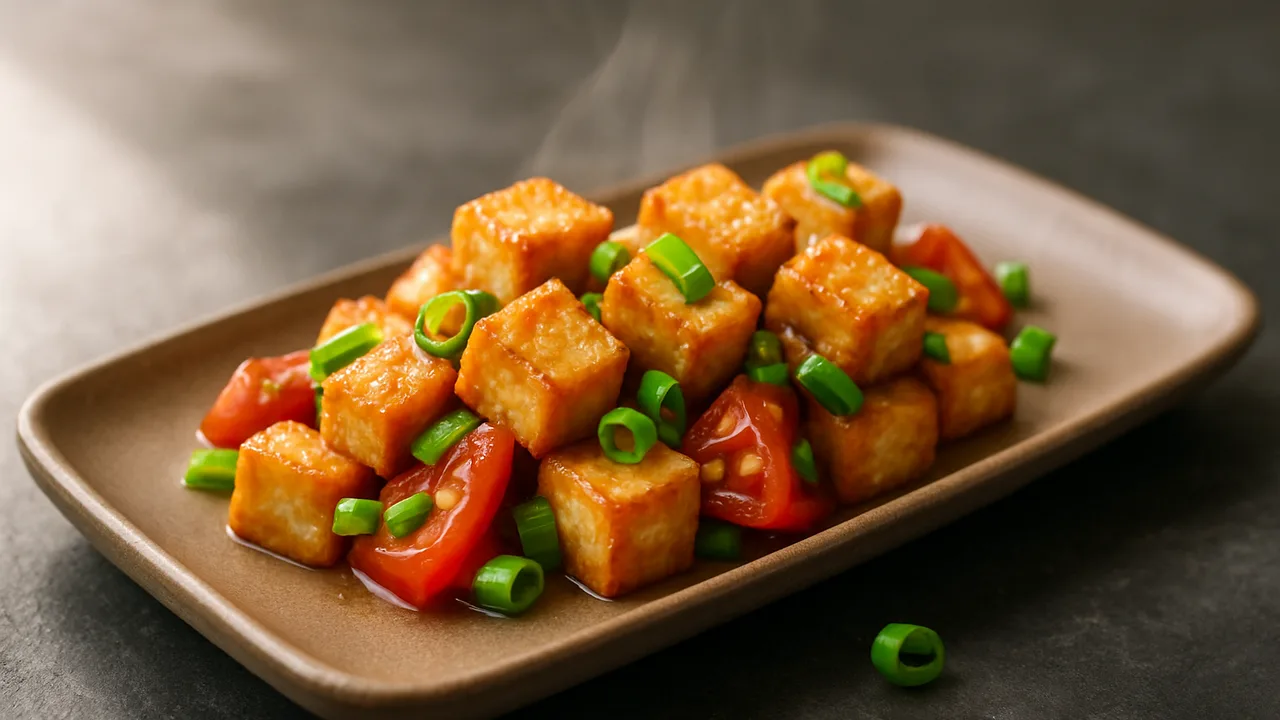 One-Pot Tofu mit Frühlingszwiebel aus dem Airfryer mit Tofu und Frühlingszwiebel, auf dunklem Schiefer angerichtet.