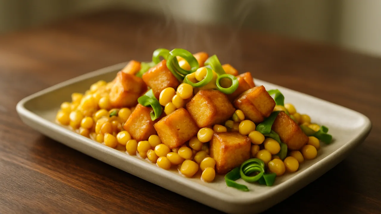 One-Pot Tofu mit Mais aus dem Airfryer mit Tofu und Mais, auf dunklem Walnussholz angerichtet.