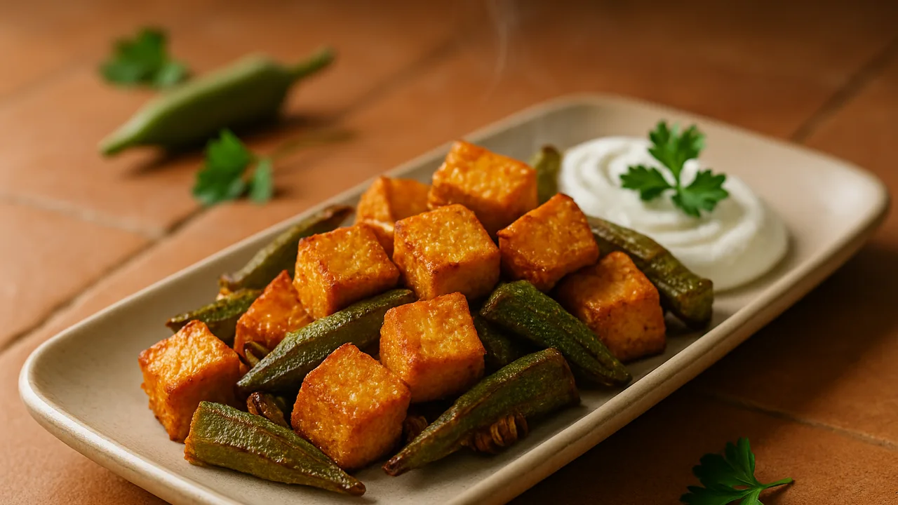 One-Pot Tofu mit Okra und Quark aus dem Airfryer mit Tofu und Okra, auf Terracotta-Fliesen angerichtet.