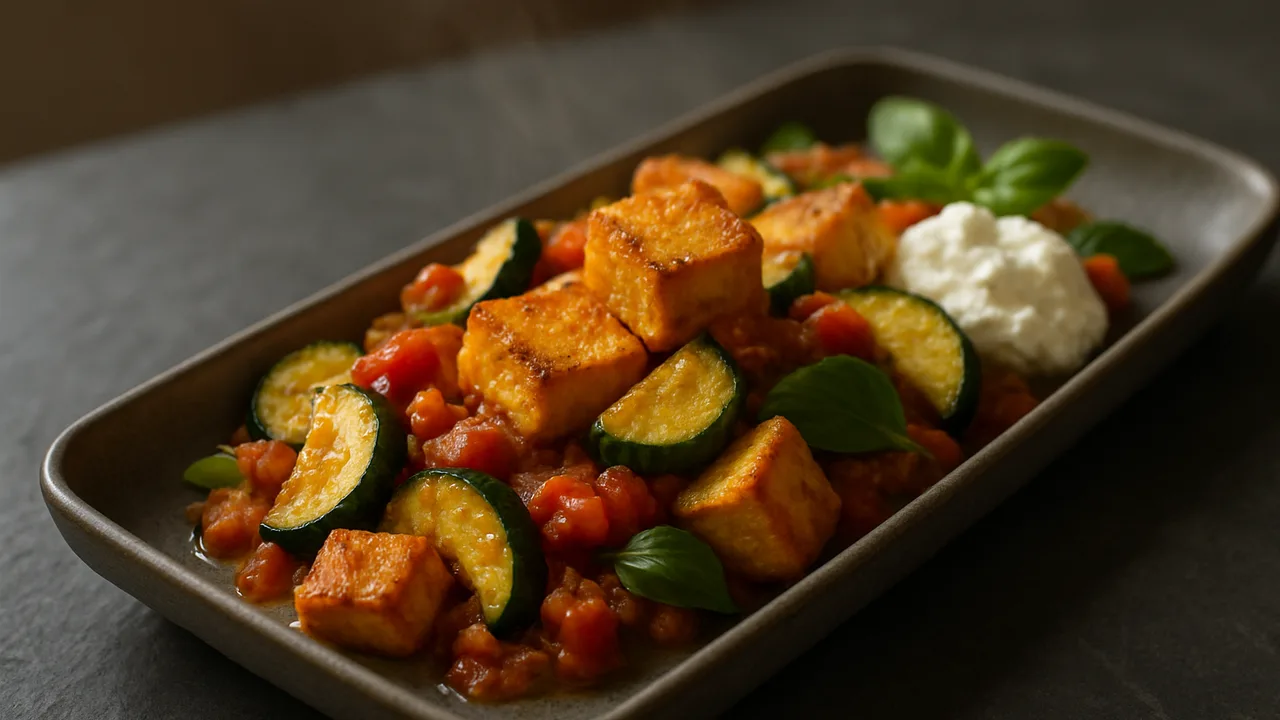 One-Pot Tofu mit Zucchini und Ricotta aus dem Airfryer mit Tofu und Zucchini, auf dunklem Schiefer angerichtet.