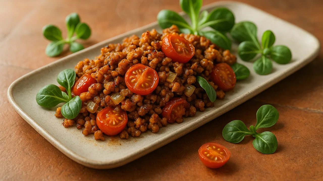 One-Pot Veggie-Hack mit Feldsalat aus dem Airfryer mit Veggie-Hack und Tomaten, auf Terracotta-Fliesen angerichtet.