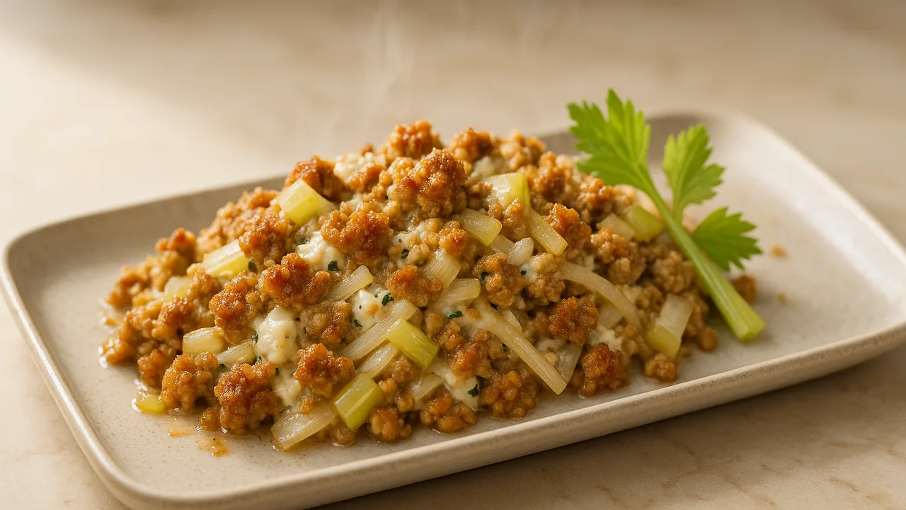 One-Pot Veggie-Hack mit Sellerie und Frischkäse aus dem Airfryer mit Veggie-Hack und Sellerie, auf beigem Marmor angerichtet.