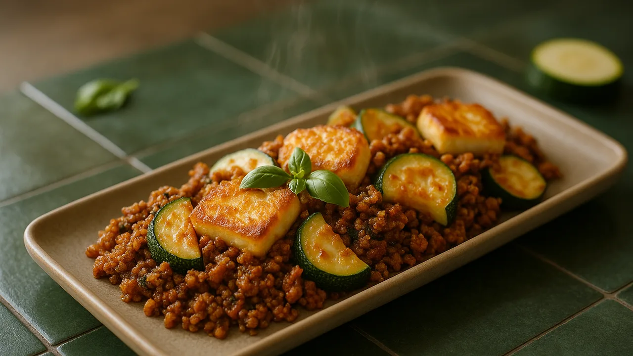 One-Pot Veggie-Hack mit Zucchini und Halloumi aus dem Airfryer mit Veggie-Hack und Zucchini, auf dunkelgrünen Fliesen …