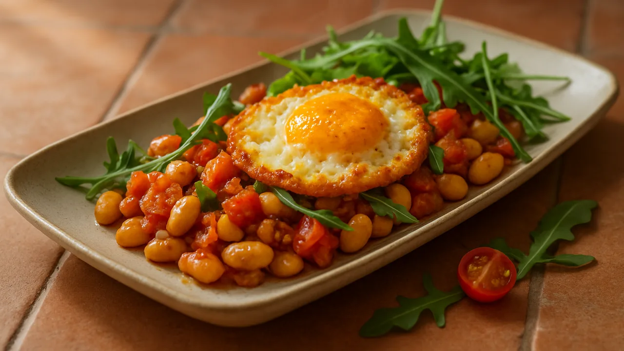 One-Pot Weiße Bohnen mit Rucola und Ei aus dem Airfryer mit weiße Bohnen und Tomaten, auf Terracotta-Fliesen angerichtet.