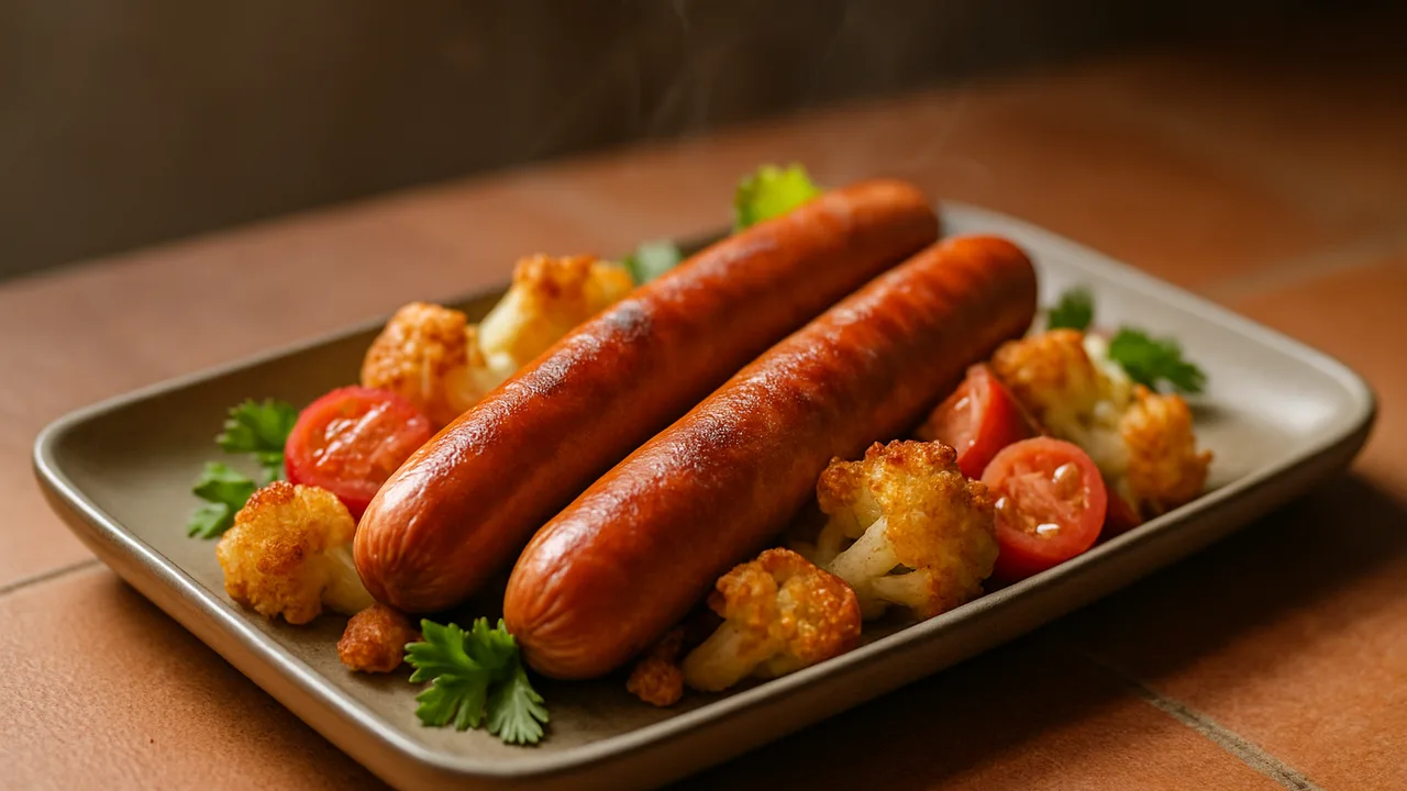 One-Pot Wiener Würstchen mit Blumenkohl aus dem Airfryer mit Wiener Würstchen und Blumenkohl, auf Terracotta-Fliesen …