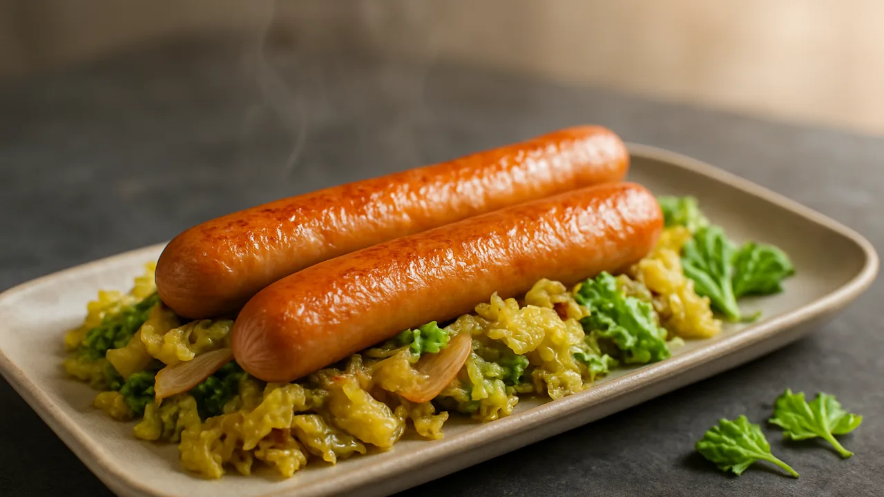 One-Pot Wiener Würstchen mit Wirsing aus dem Airfryer mit Wiener Würstchen und Wirsing, auf dunklem Schiefer angerichtet.