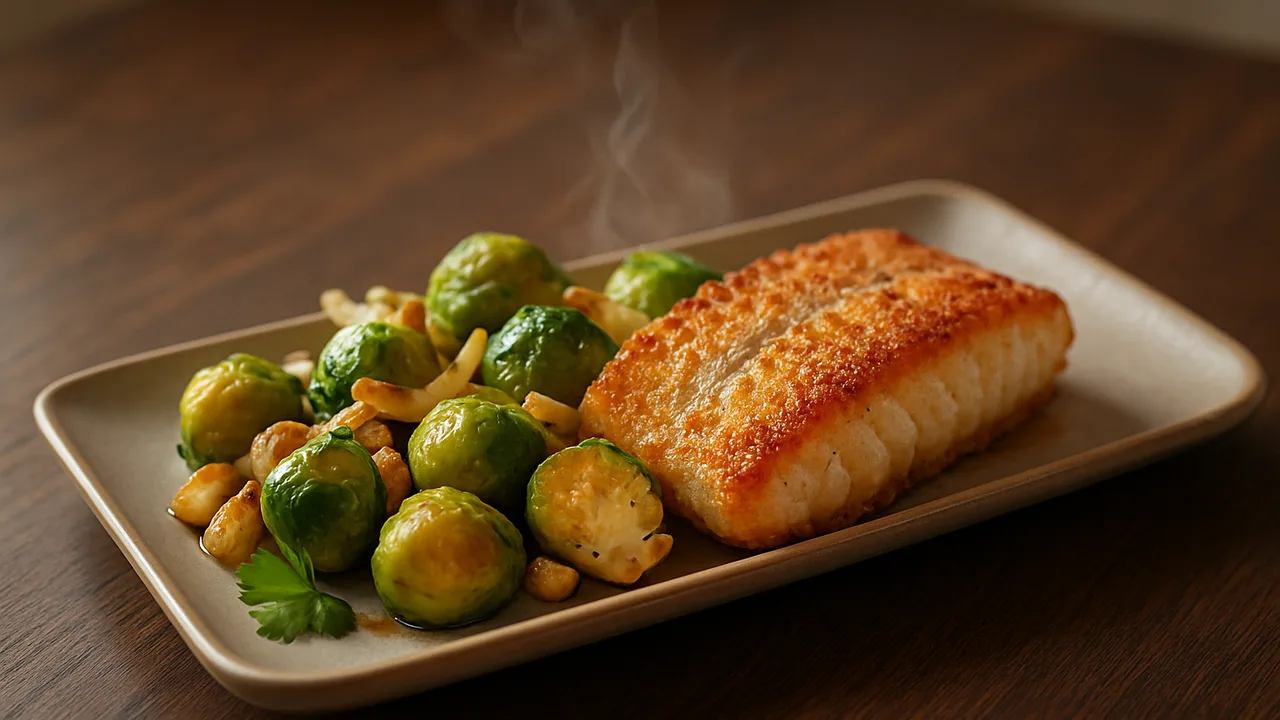 One-Pot Zander mit Rosenkohl aus dem Airfryer mit Zanderfilet und Rosenkohl, auf dunklem Walnussholz angerichtet.
