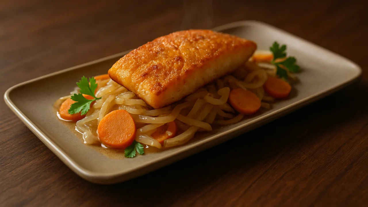 One-Pot Zander mit Zwiebel aus dem Airfryer mit Zanderfilet und Zwiebel, auf dunklem Walnussholz angerichtet.