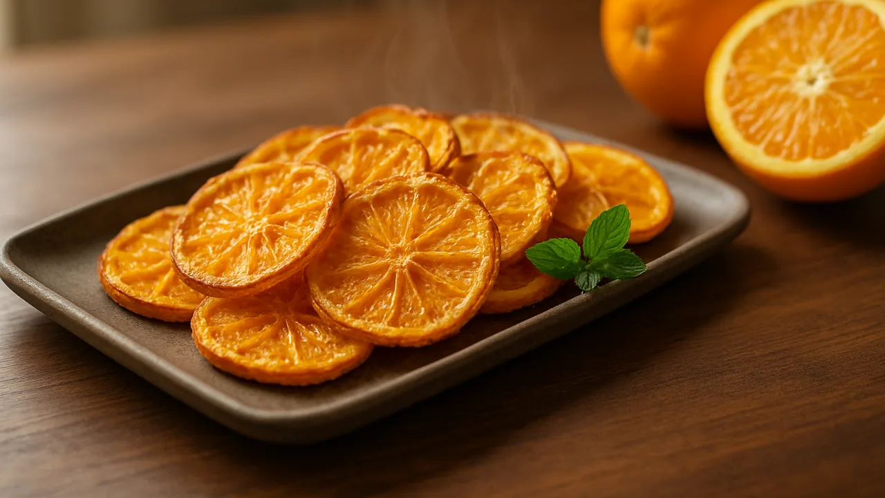Orangen-Chips aus dem Airfryer mit Orangen, auf dunklem Walnussholz angerichtet.