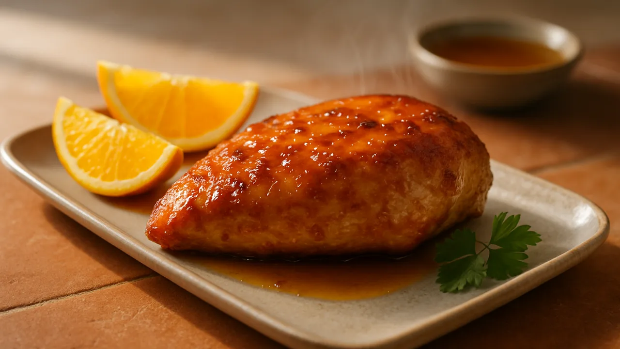 Orangen-Hähnchen mit Honig-Glasur aus dem Airfryer mit Hähnchenbrustfilet und Orangen, auf Terracotta-Fliesen angerichtet.