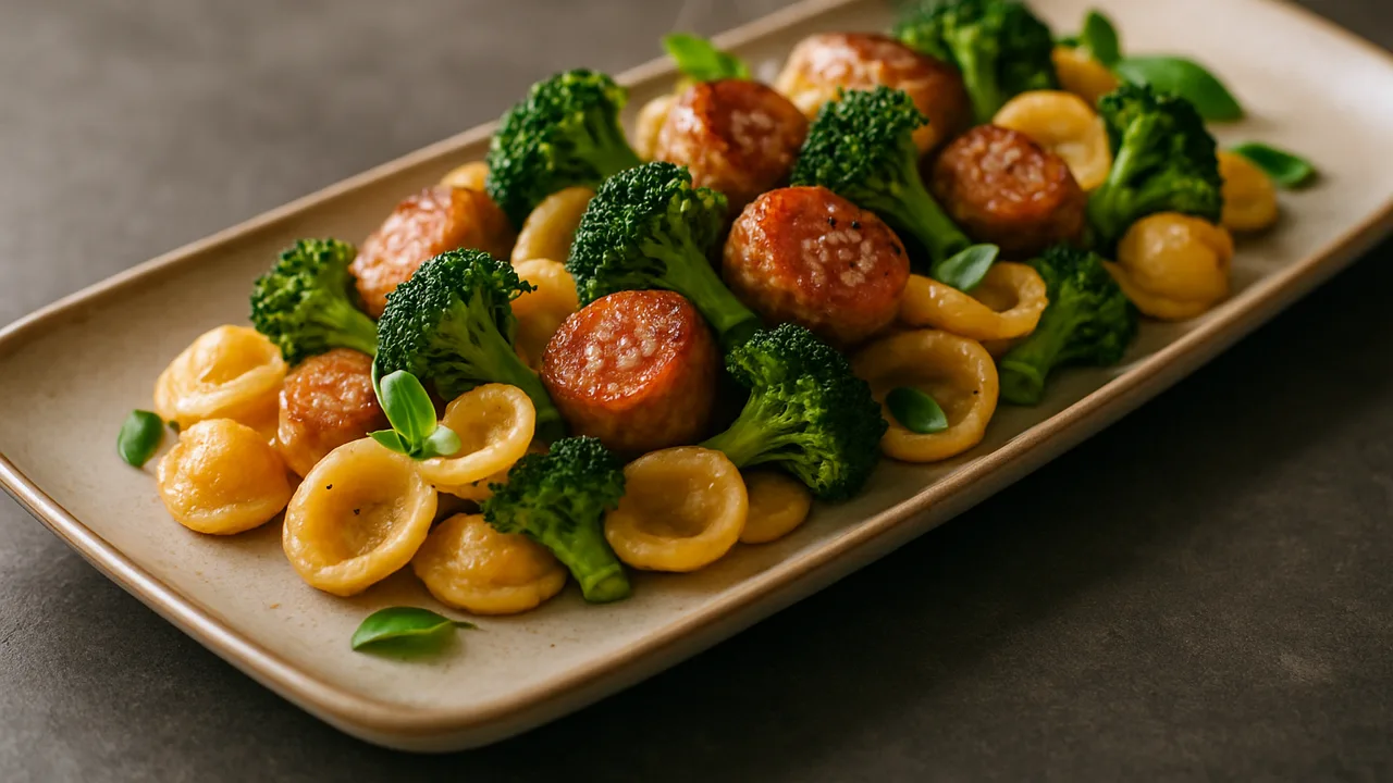 Orecchiette mit Brokkoli und Bratwurst aus dem Airfryer mit Orecchiette und Brokkoli, auf dunklem Schiefer angerichtet.