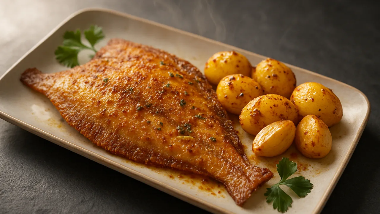 Orientalisch Scholle mit Kartoffeln aus dem Airfryer mit Schollenfilet und Kartoffeln, auf dunklem Schiefer angerichtet.
