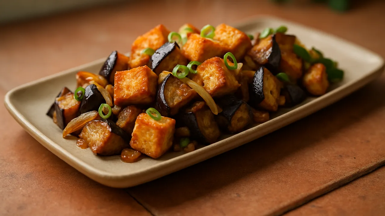 Orientalisch Tofu mit Aubergine aus dem Airfryer mit fester Tofu und Aubergine, auf Terracotta-Fliesen angerichtet.