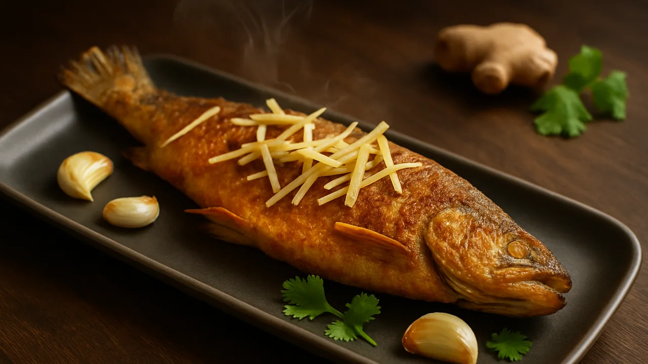 Orientalische Forelle mit Ingwer aus dem Airfryer mit Forelle und Ingwer, auf dunklem Walnussholz angerichtet.
