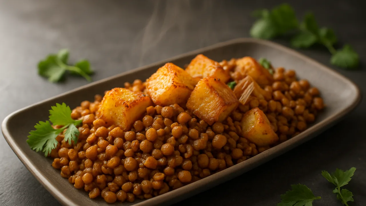 Orientalische Linsen mit Kartoffel aus dem Airfryer mit vorgekochte Linsen und Kartoffeln, auf dunklem Schiefer angerichtet.