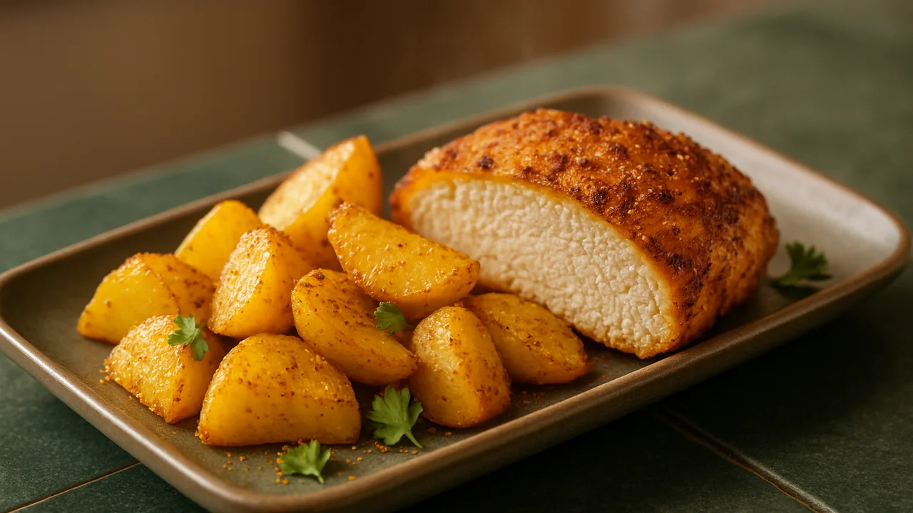 Orientalische Putenbrust mit Kartoffel aus dem Airfryer mit Putenbrust und Kartoffeln, auf dunkelgrünen Fliesen angerichtet.