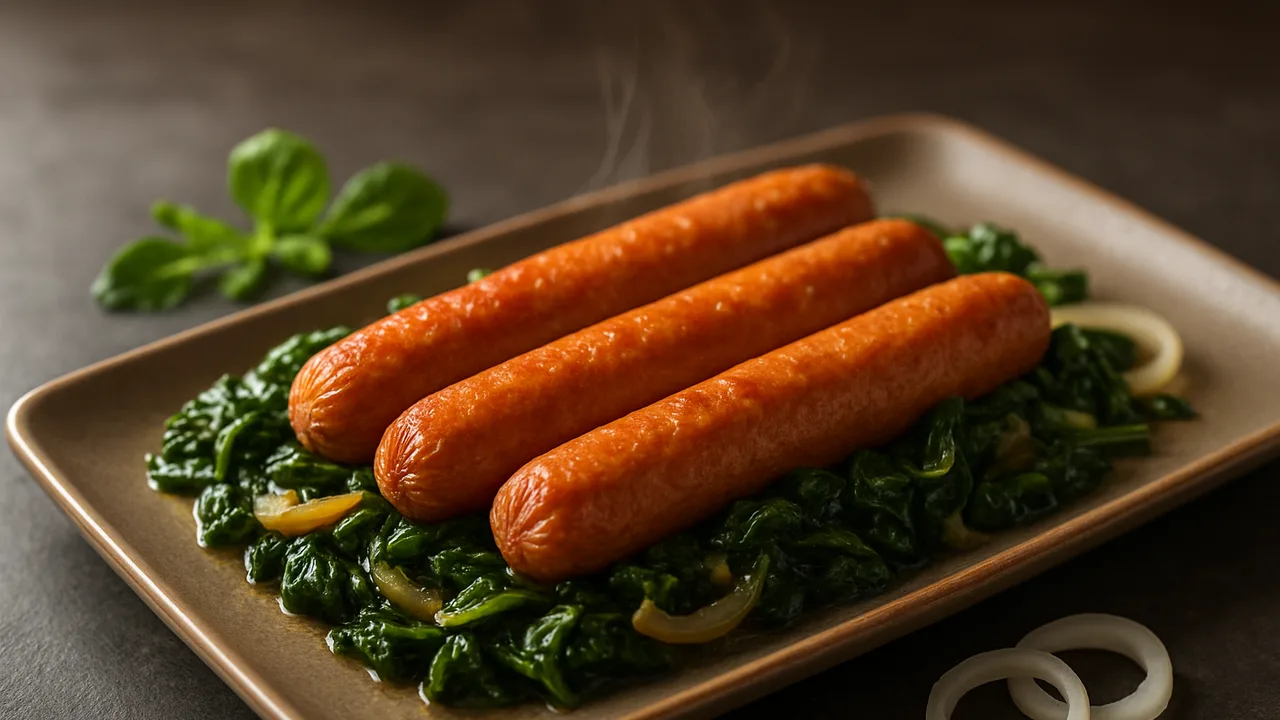 Orientalisch Wiener Würstchen mit Spinat aus dem Airfryer mit Wiener Würstchen und Blattspinat, auf dunklem Schiefer …