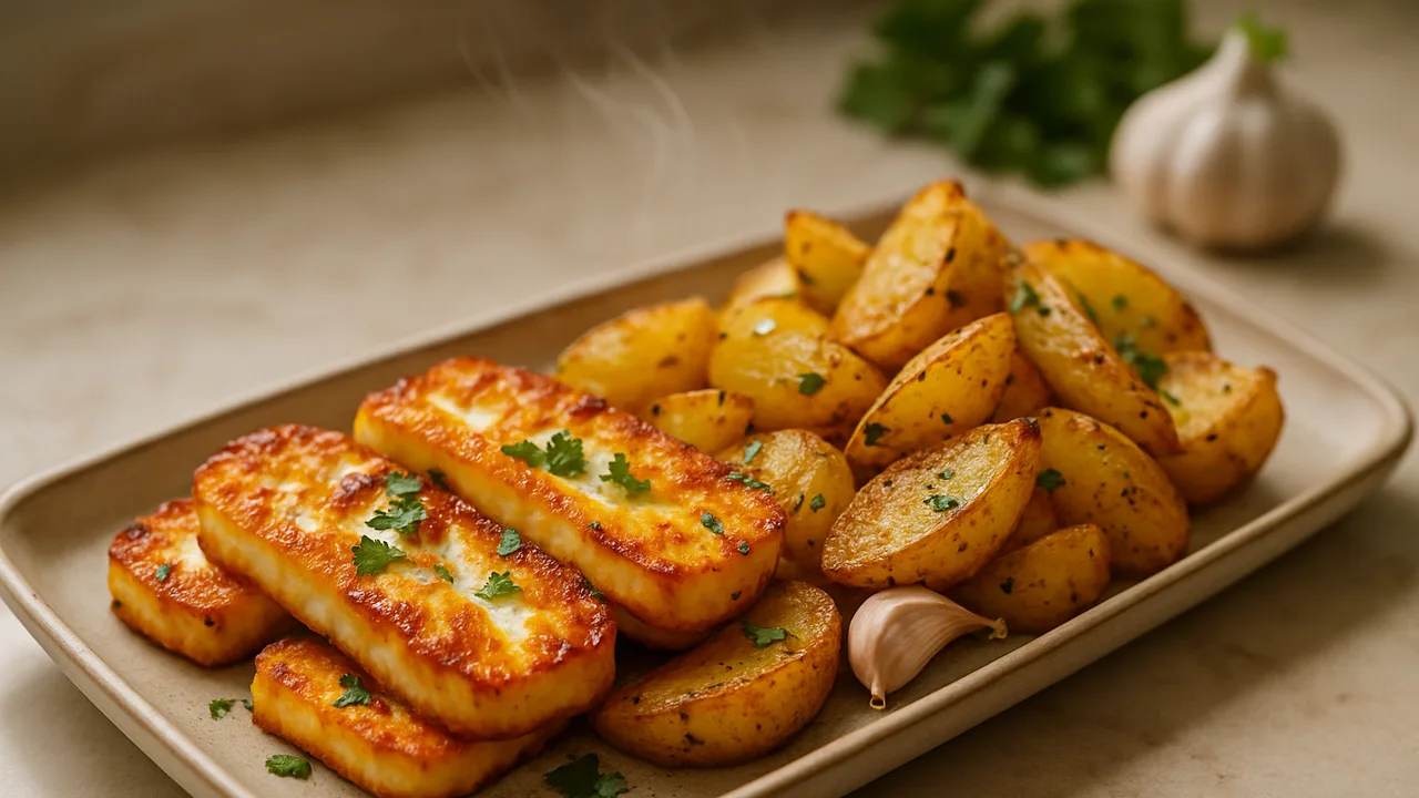 Orientalischer Halloumi mit Kartoffel aus dem Airfryer mit Halloumi und Kartoffeln, auf beigem Marmor angerichtet.
