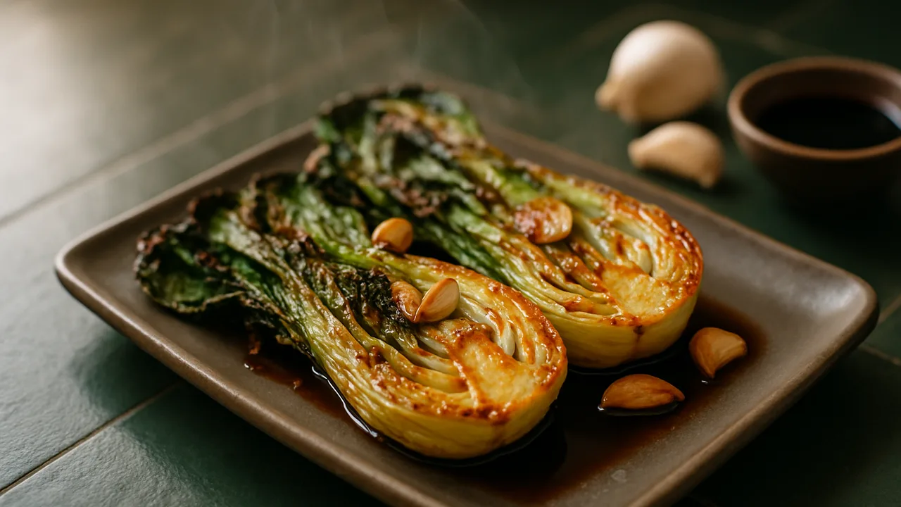Pak Choi im Airfryer mit Knoblauch und Sojasauce mit Pak Choi und Knoblauchzehen, auf dunkelgrünen Fliesen angerichtet.