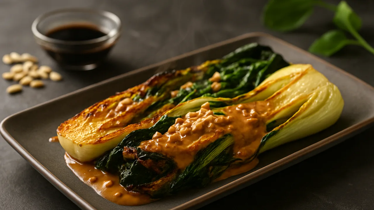 Pak Choi mit Erdnuss-Soße aus dem Airfryer mit Pak Choi und Sonnenblumenöl, auf dunklem Schiefer angerichtet.