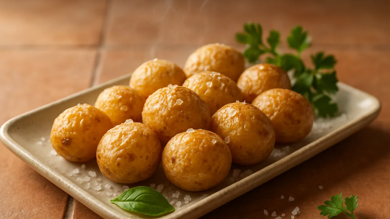 Papas Arrugadas – runzelige Kartoffeln mit Meersalz aus dem Airfryer mit kleine Kartoffeln, auf Terracotta-Fliesen …