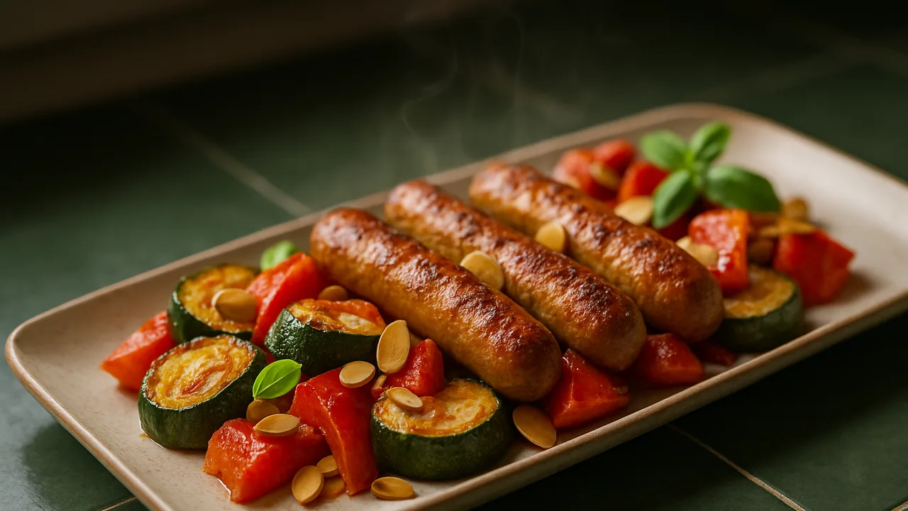 Paprika-Bratwurst-Zucchini mit Mandeln aus dem Airfryer mit Bratwurst und Zucchini, auf dunkelgrünen Fliesen angerichtet.