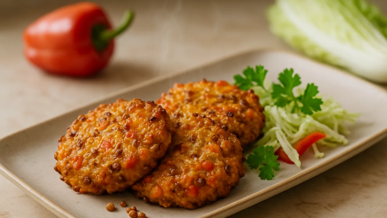 Paprika-Chinakohl-Linsen-Röstchen aus dem Airfryer mit Paprika und Chinakohl, auf beigem Marmor angerichtet.