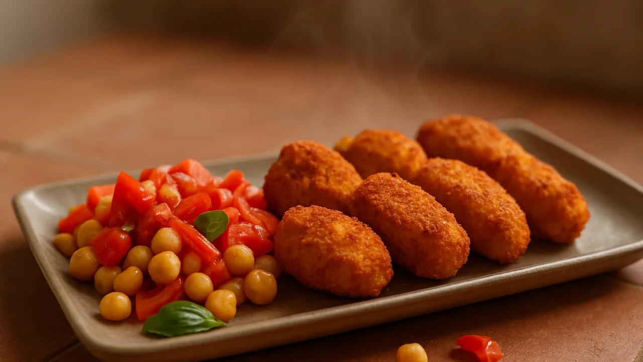 Paprika-Ei Nuggets mit Tomaten aus dem Airfryer mit Kichererbsen, abgetropft und Paprika, auf Terracotta-Fliesen angerichtet.