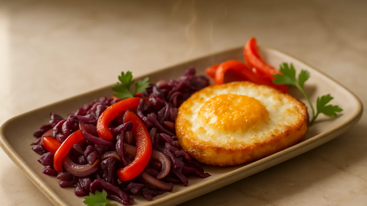 Paprika-Ei-Rotkohl-Schale aus dem Airfryer mit Rotkohl und Rote Paprika, auf beigem Marmor angerichtet.