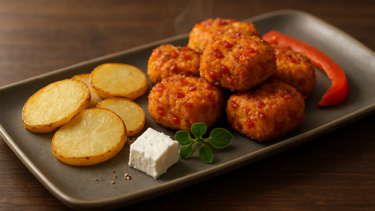 Paprika-Feta Nuggets mit Kartoffel aus dem Airfryer mit Kartoffeln und Feta, auf dunklem Walnussholz angerichtet.