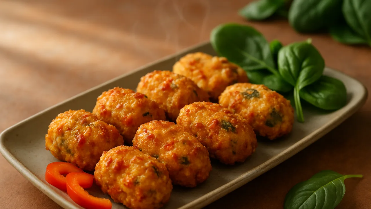 Paprika-Feta Nuggets mit Spinat aus dem Airfryer mit Feta und Paprika, auf Terracotta-Fliesen angerichtet.
