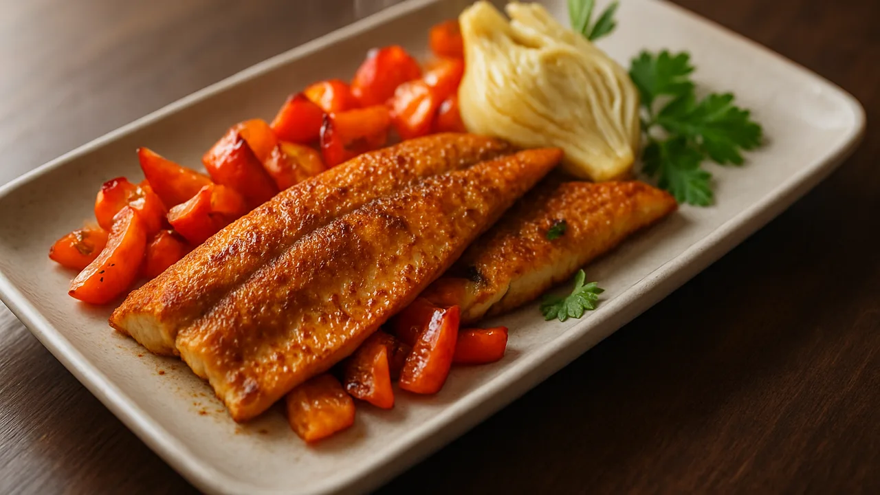 Paprika-Forelle mit Fenchel aus dem Airfryer mit Forellenfilets und Paprika, auf dunklem Walnussholz angerichtet.