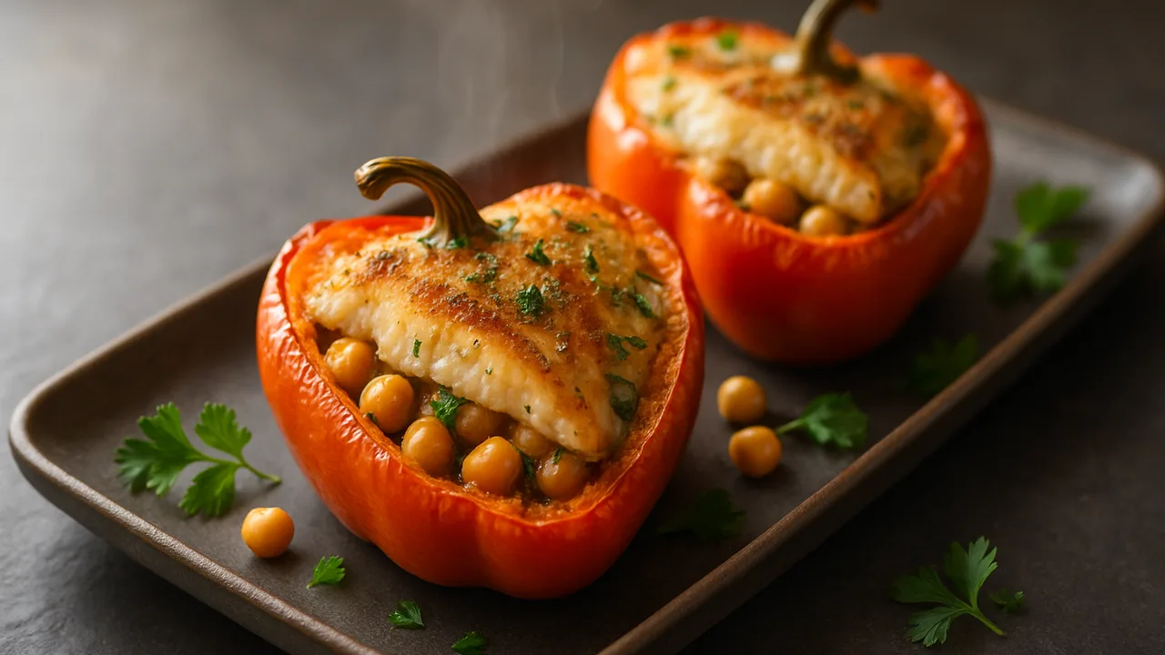Paprika gefüllt mit Scholle und Kräutern aus dem Airfryer mit Paprikaschoten und Schollenfilet, auf dunklem Schiefer …
