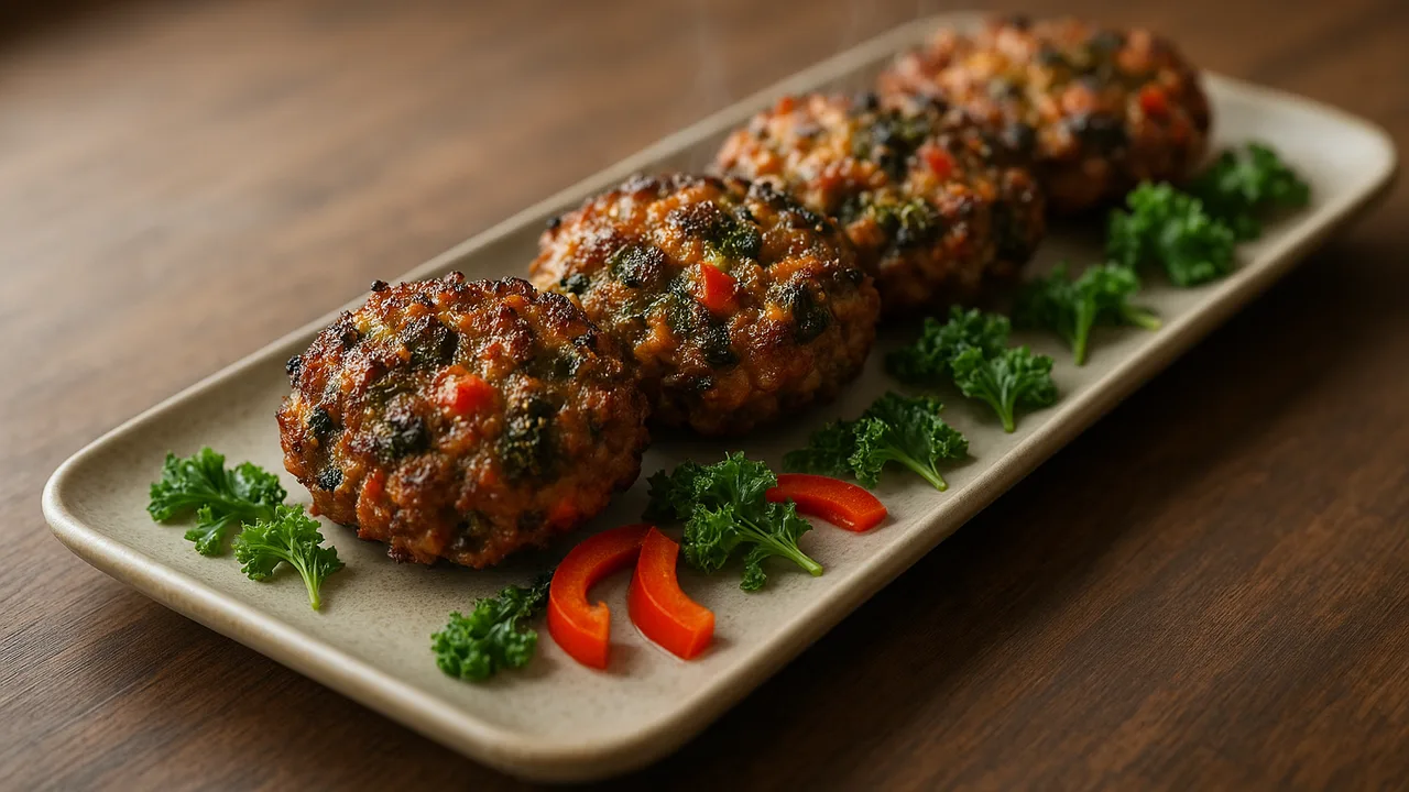 Paprika-Grünkohl-Rinderhackfleisch-Röstchen aus dem Airfryer mit Rinderhackfleisch und rote Paprika, auf dunklem …