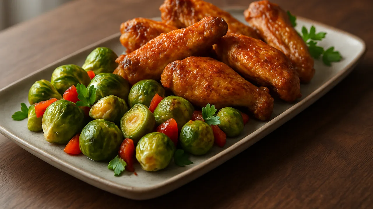 Paprika-Hähnchenflügel mit Rosenkohl aus dem Airfryer mit Hähnchenflügel und Rosenkohl, auf dunklem Walnussholz angerichtet.