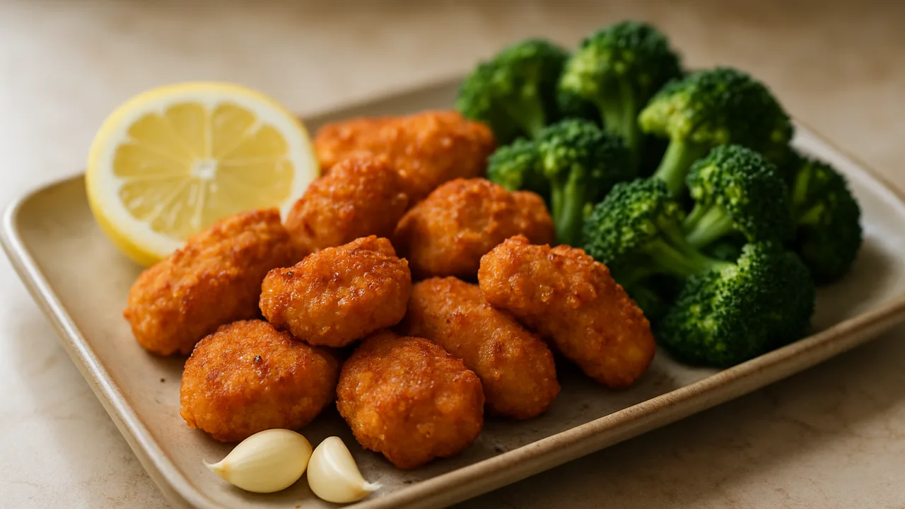 Paprika-Hähnchenschenkel Nuggets mit Brokkoli aus dem Airfryer mit Hähnchenschenkel und Zitrone, auf beigem Marmor …