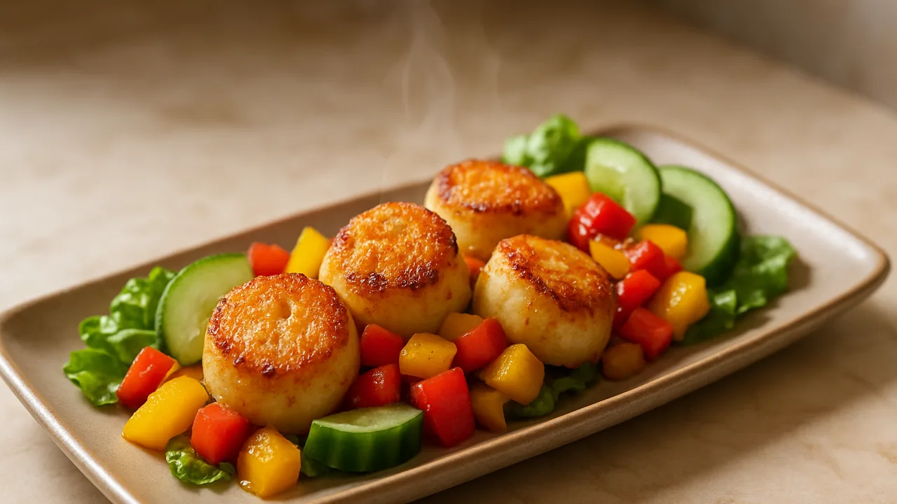 Paprika-Jakobsmuscheln-Gurke-Schale aus dem Airfryer mit Jakobsmuscheln und Paprika (rot und gelb), auf beigem Marmor …