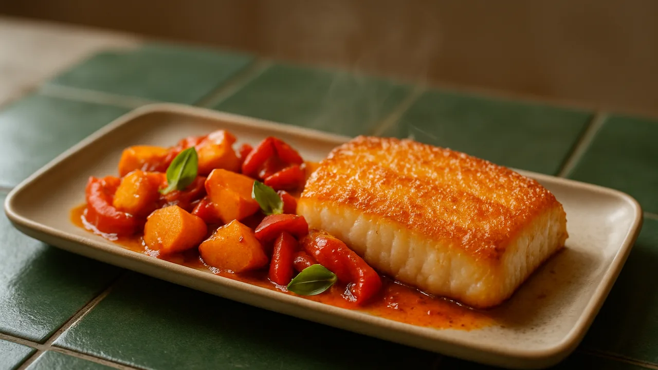 Paprika-Kabeljau mit Kürbis aus dem Airfryer mit Kabeljaufilet und Kürbis, auf dunkelgrünen Fliesen angerichtet.