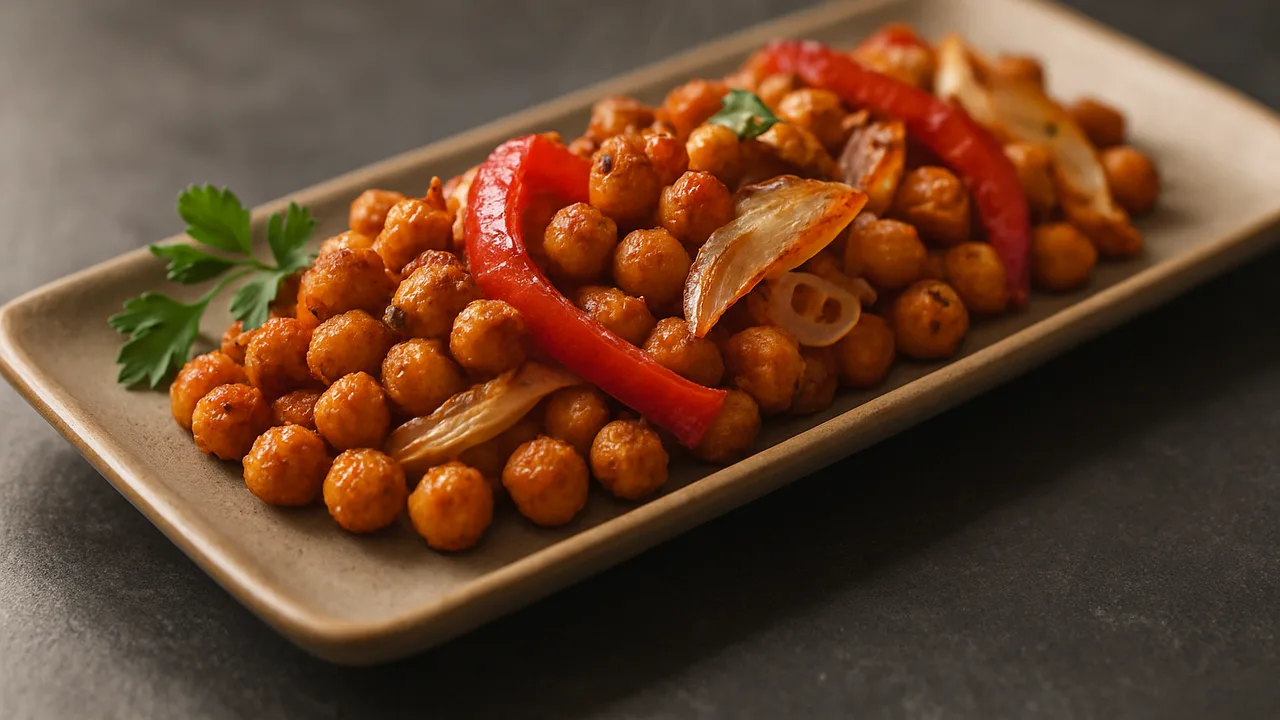 Paprika-Kichererbsen aus dem Airfryer mit Kichererbsen aus der Dose und Paprika, auf dunklem Schiefer angerichtet.