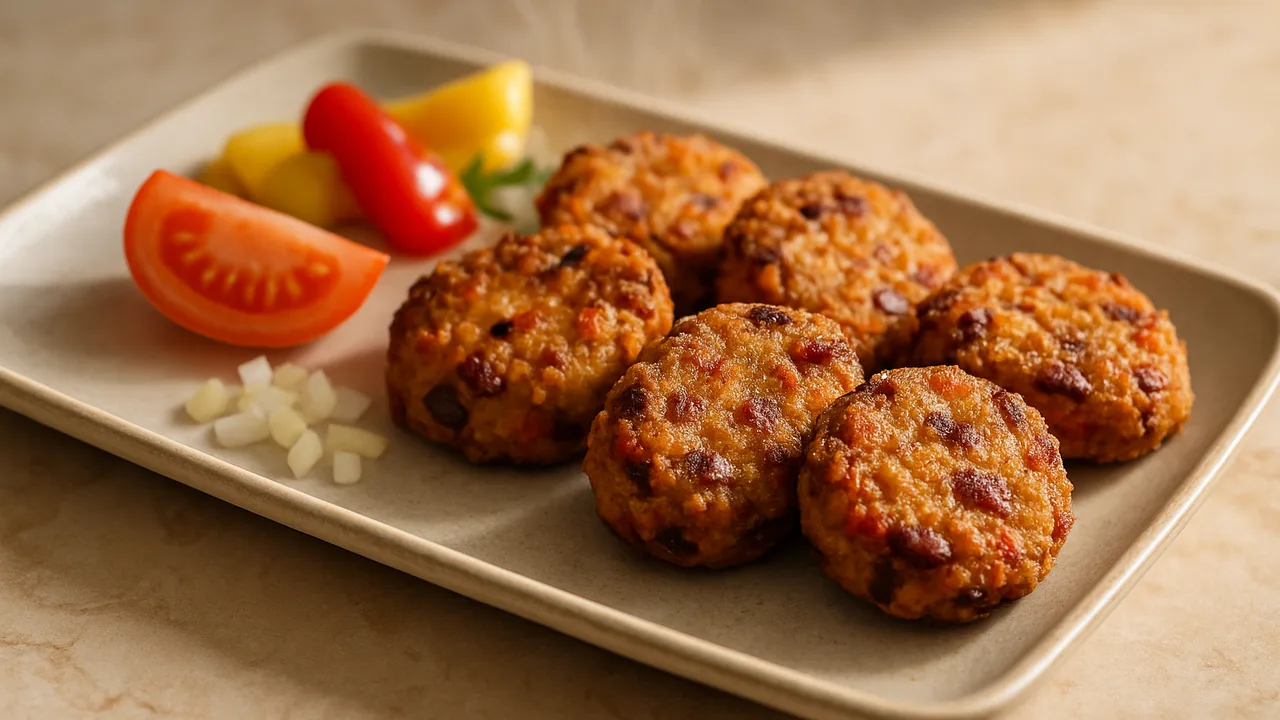 Paprika-Kidneybohnen Nuggets mit Tomate aus dem Airfryer mit Kidneybohnen und Paprika, auf beigem Marmor angerichtet.