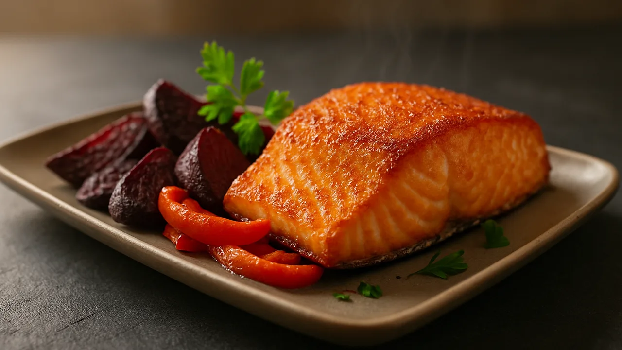 Paprika-Lachs mit Rote Bete aus dem Airfryer mit Lachsfilet und Rote Bete, auf dunklem Schiefer angerichtet.