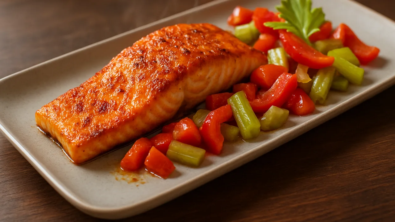 Paprika-Lachs mit Sellerie aus dem Airfryer mit Lachsfilet und Paprika, auf dunklem Walnussholz angerichtet.
