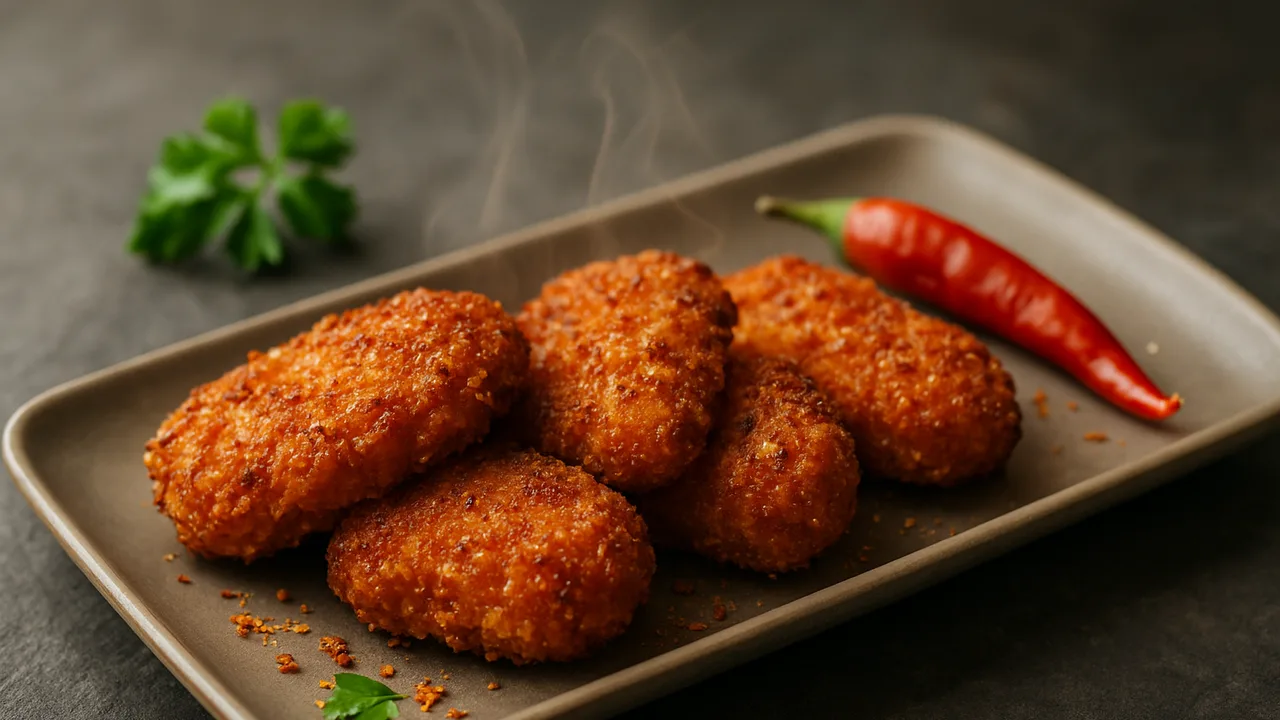Paprika-Lammkotelett Nuggets mit Chili aus dem Airfryer mit Lammkotelett und Eier, auf dunklem Schiefer angerichtet.