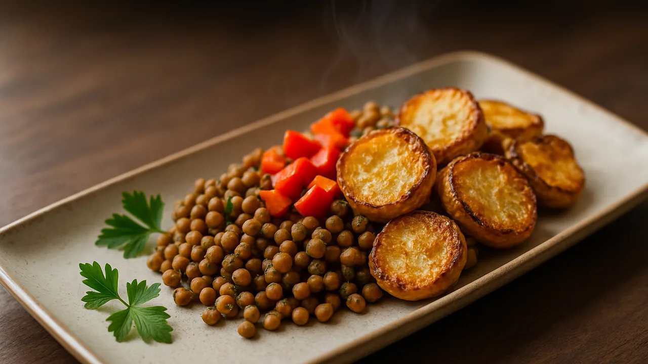 Paprika-Linsen-Topinambur-Schale aus dem Airfryer mit Topinambur und Linsen, auf dunklem Walnussholz angerichtet.