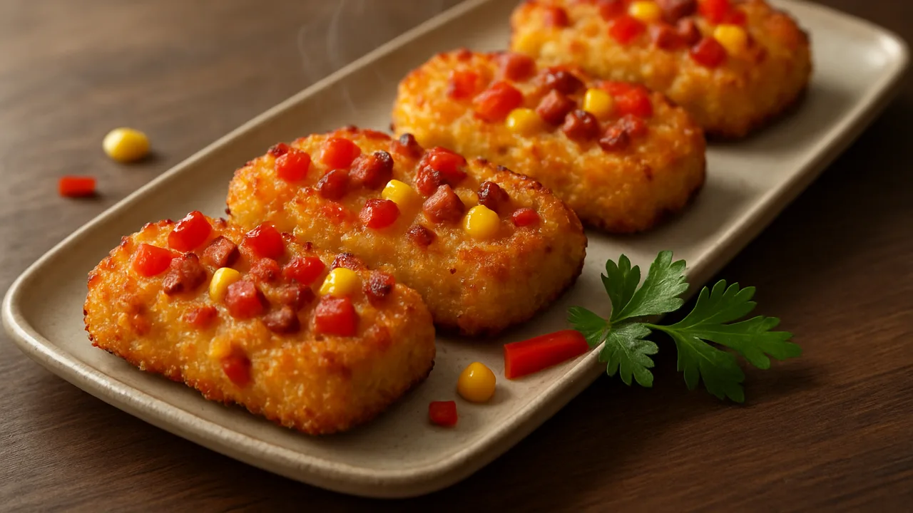 Paprika-Mais-Speck-Röstchen aus dem Airfryer mit Paprika und Mais, auf dunklem Walnussholz angerichtet.