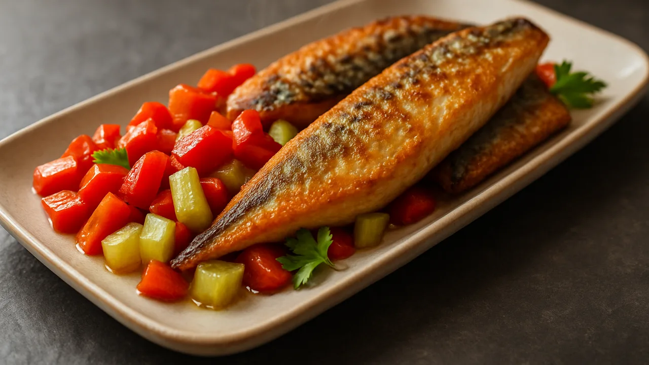 Paprika-Makrele-Sellerie-Schale aus dem Airfryer mit Makrelenfilets und Paprika, auf dunklem Schiefer angerichtet.