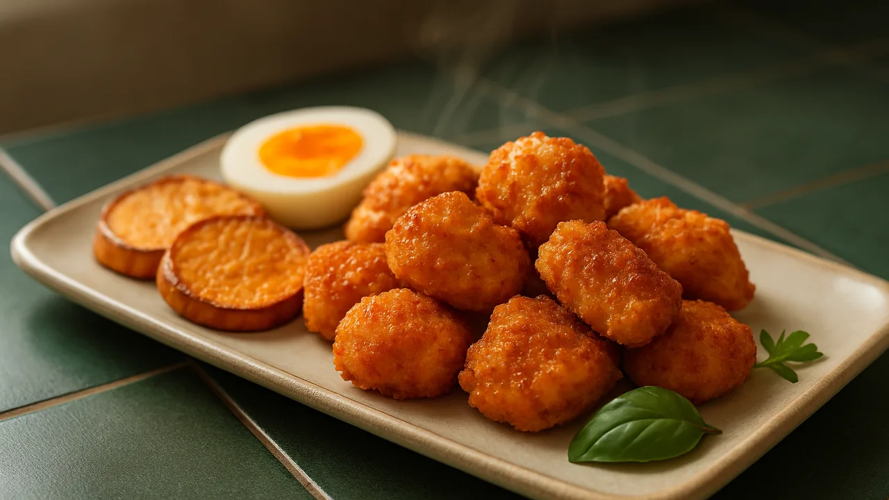 Paprika-Putenbrust Nuggets mit Süßkartoffel aus dem Airfryer mit Putenbrust und Ei, auf dunkelgrünen Fliesen angerichtet.